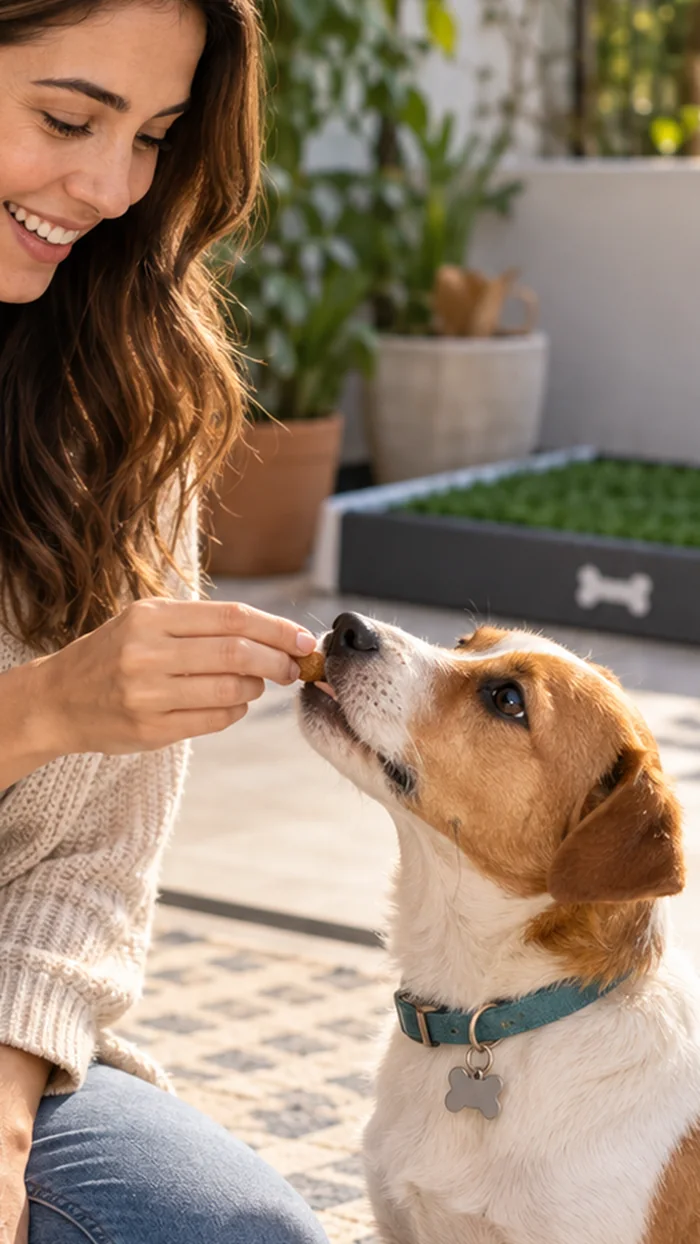 Tutora con su cachorro en casa